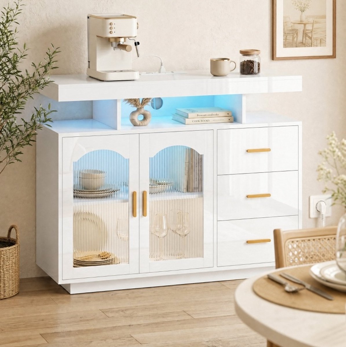 COVREO Dressoir 100x35x80 cm wit, hout met 3 lades en LED-verlichting