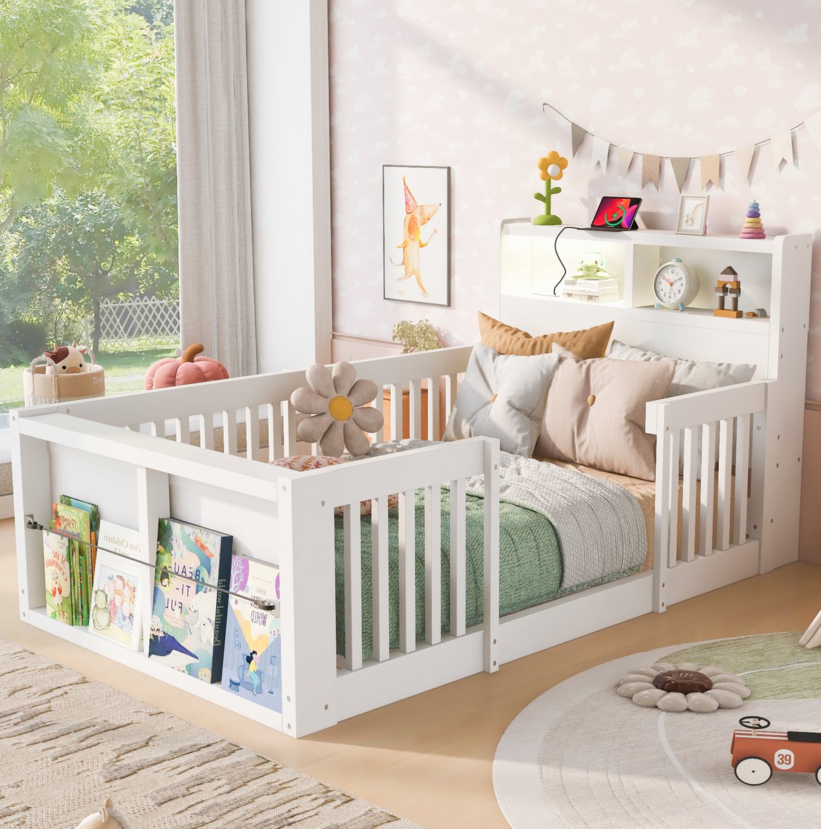 FloraGrace Kinderbed 90 X 190 Cm - Eenpersoonsbed Met Hoog Veiligheidsrek, Usb-Aansluiting, Nachtlampje En Opbergvak - Wit - Zonder Matras