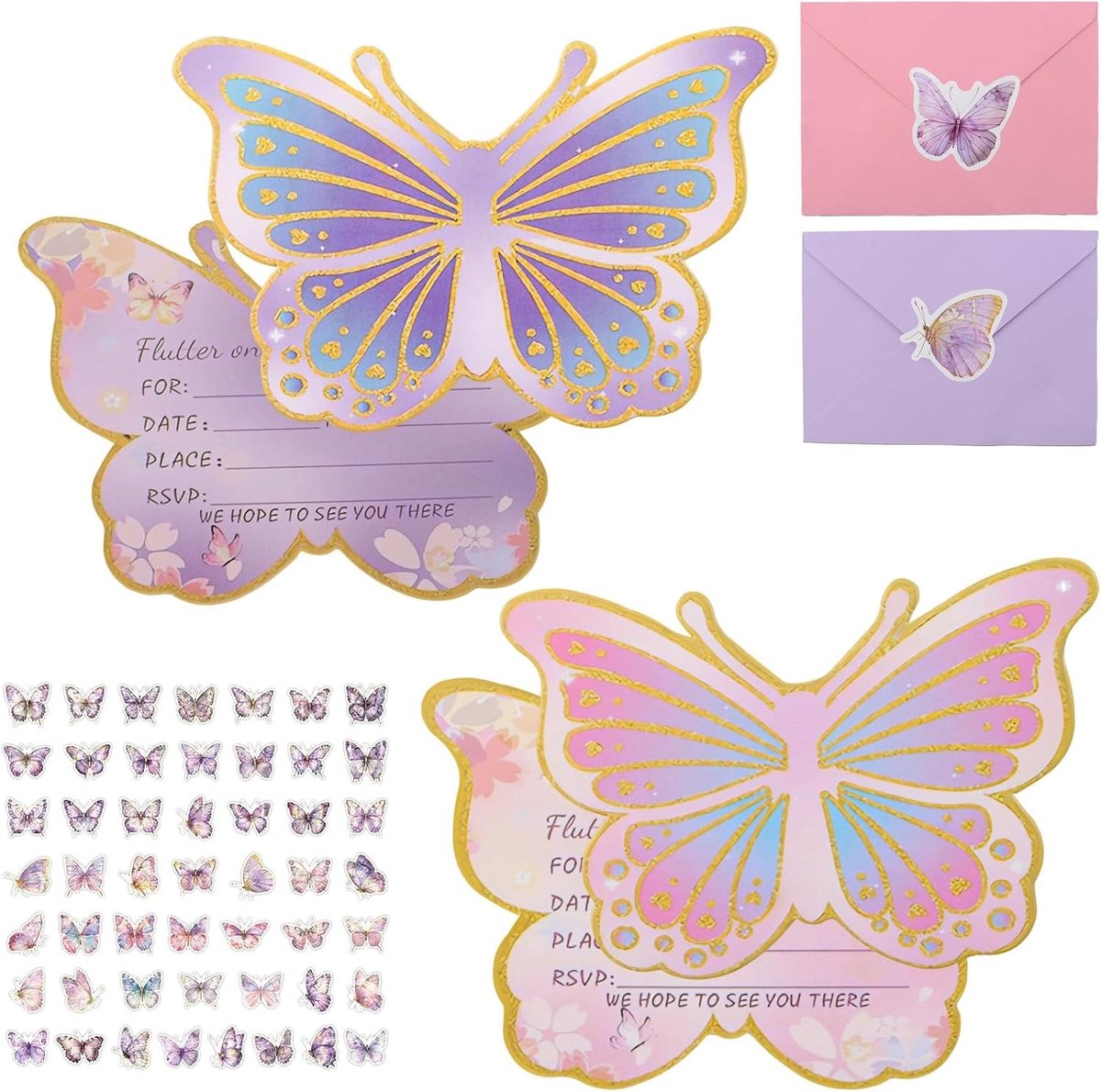 Vlinder verjaardagsuitnodiging, 50 stuks roze en paarse verjaardagsuitnodigingen met enveloppen en stickers voor - ShopVlot