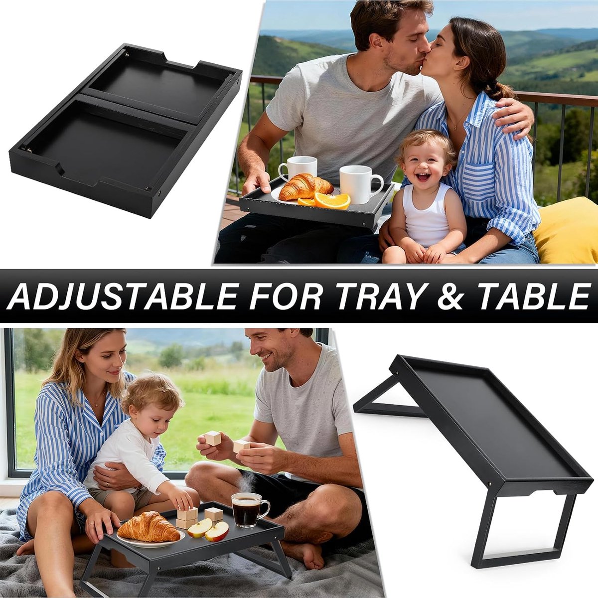 SnelShoppen - Houten ontbijt dienblad met opvouwbare poten, groot decoratief tray voor servies, dranken, ontbijt, feest, receptie, multifunctioneel, k — cadeau in Koken & Dineren - foto 7