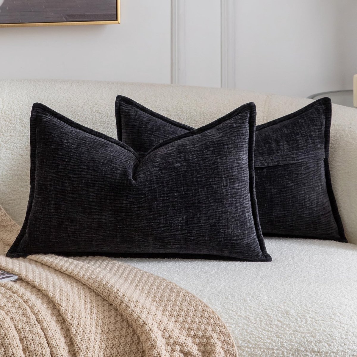 SnelShoppen - Set van 2 Kussensloop Covers Zachte Chenille Met Effen Textuur Voor Bank Slaapkamer Woonkamer 30x50cm Zwart