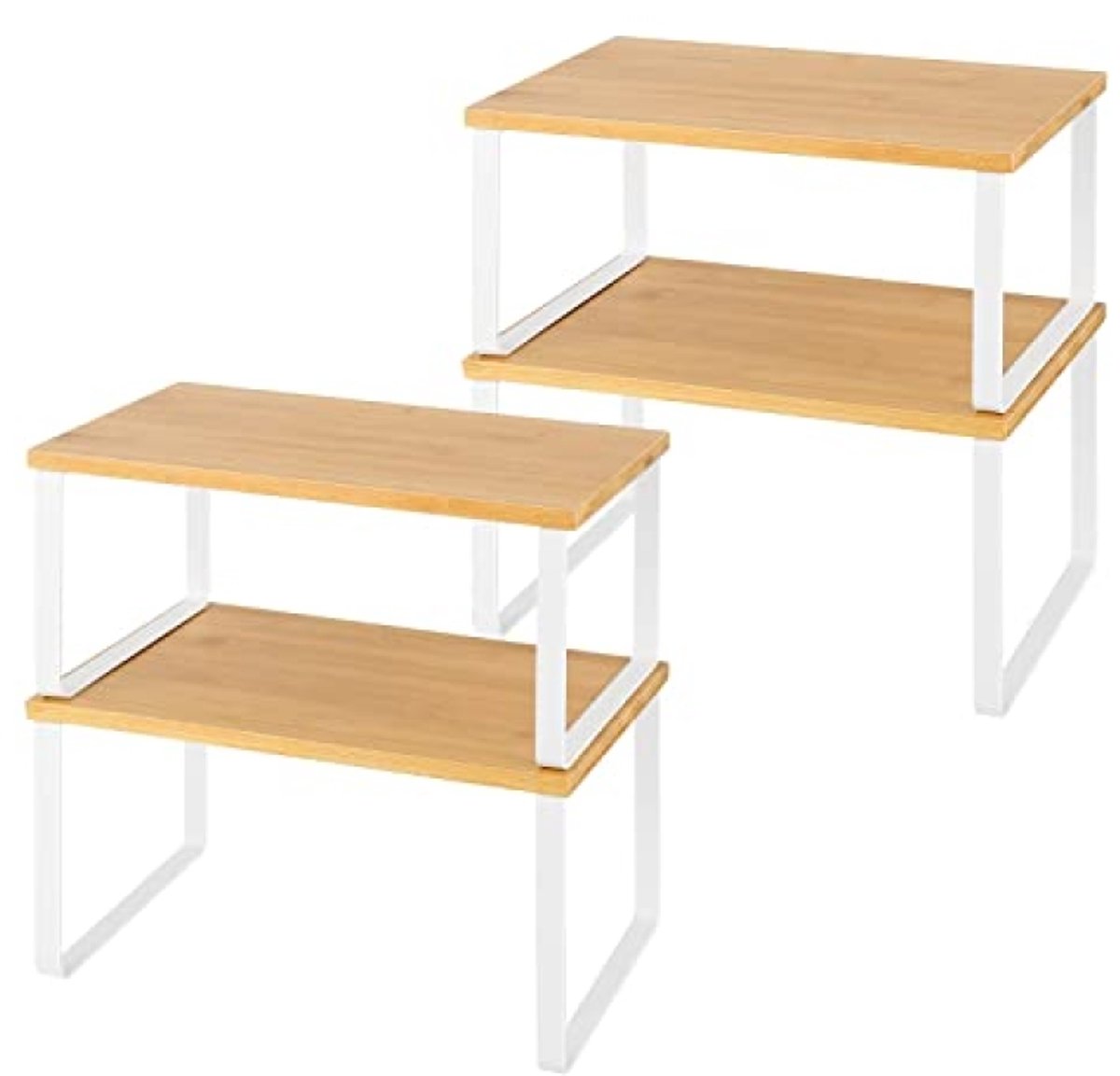 Huis Geluk Stapelbare keukenplank organizers - set van 4 - Bamboe - Verstelbaar en uitbreidbaar voor keuken, badkamer en voorraadkast - 2 grote en 2 kleine planken