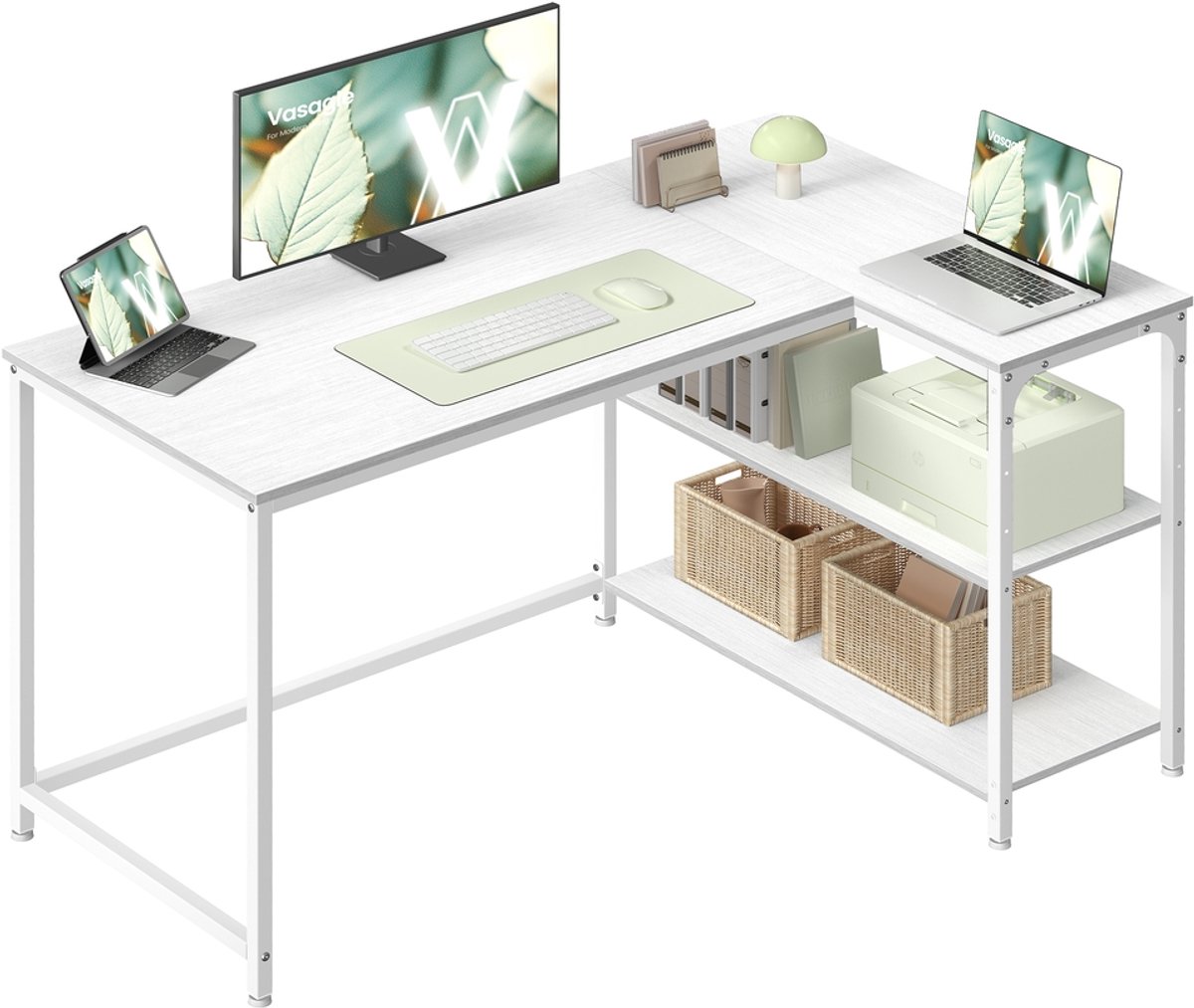 L-vormig hoekbureau met in hoogte verstelbare plank - 120 x 80 x 76 cm - Esdoornwit