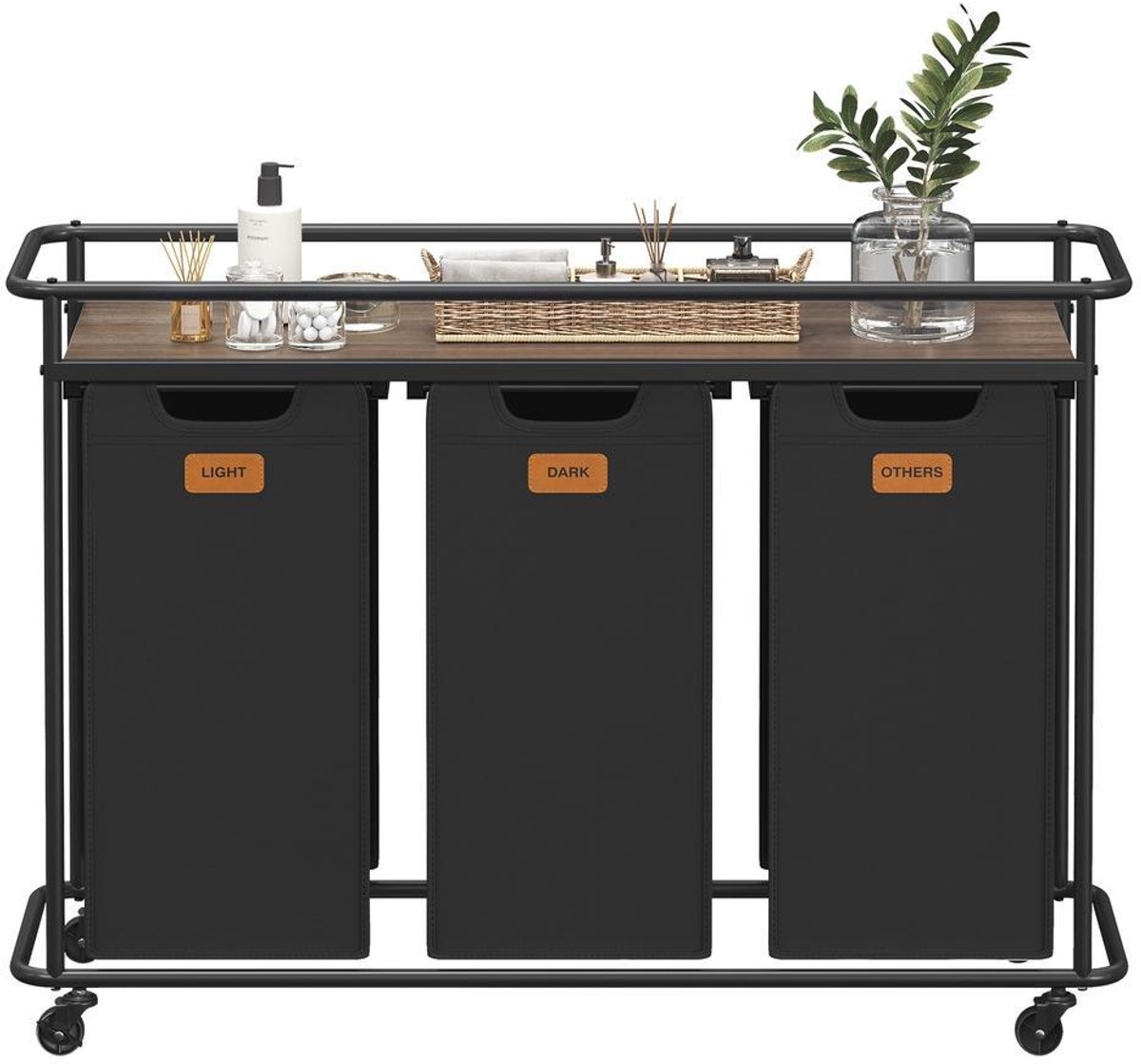 Wasmand met 3 compartimenten - Wassorteerder op wielen - Waskar van 150 liter met schap - 104 x 33 x 79,5 cm - Zwartbruin