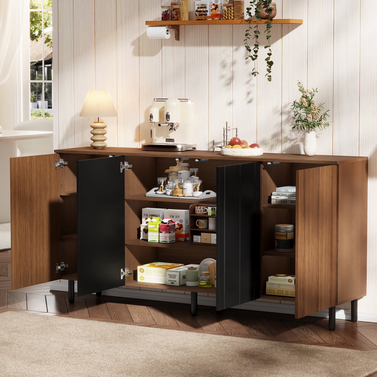 MIVRAY Buffetkast - Walnootlook Met Vier Deuren En Verstelbare Planken - Voor Eetkamer En Keuken - Spaanplaat - 160x35x80 Cm - Zwart