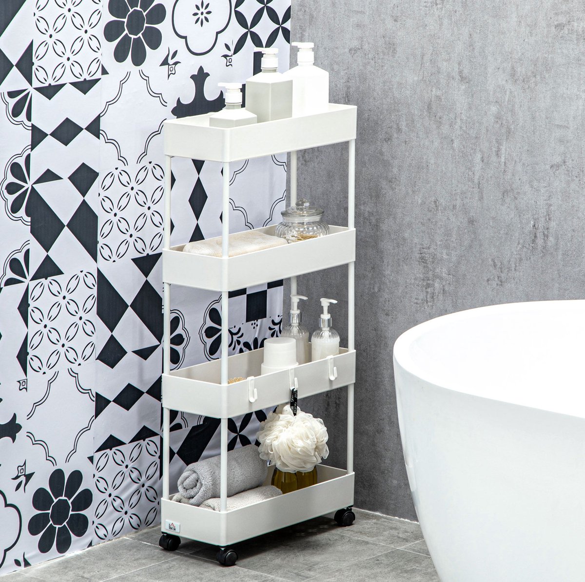 Rollwagen Opbergrek 4 Laags Met Wielen En Remmen 40 X 19 X 90 Cm Staal Wit Voor Keuken En Badkamer