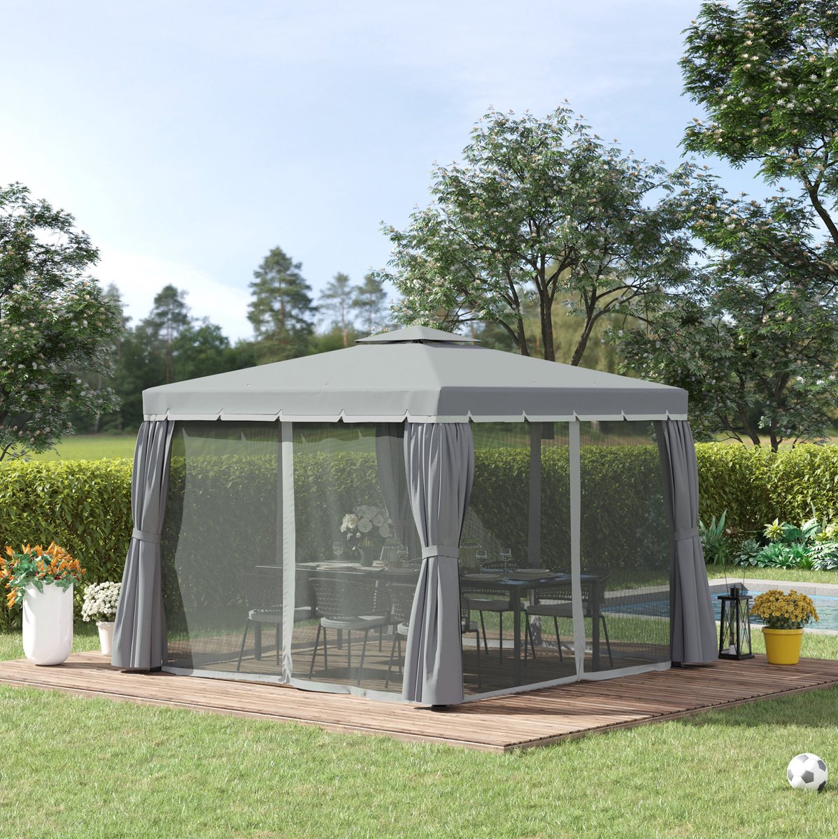Paviljoen - Dubbel Dak - 2,96 x 2,96 m - Aluminium - Donkergrijs - Met Muskietennet En Gordijnen