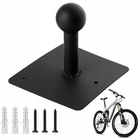 Zwarte fietsophangbeugel met accessoires en mountainbike.