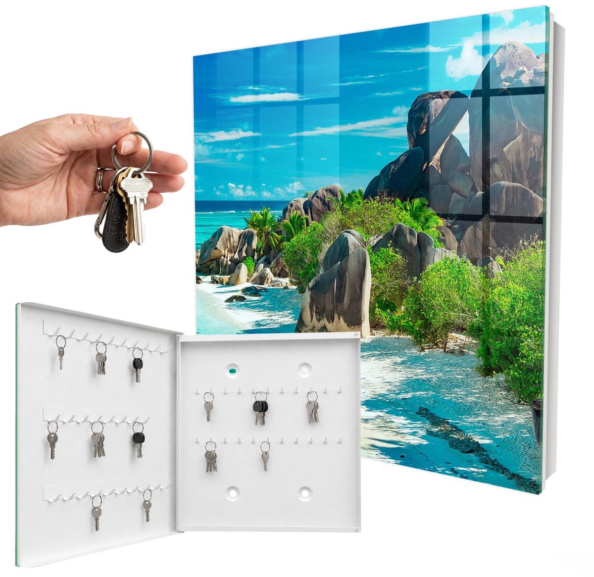WallMuralia - Sleutelkast - 30x30x5 cm - met 50 haken - Tropisch Strand Sleutelkastje Binnen - Blauw Sleutelbox - Linksopenend - Wit interieur