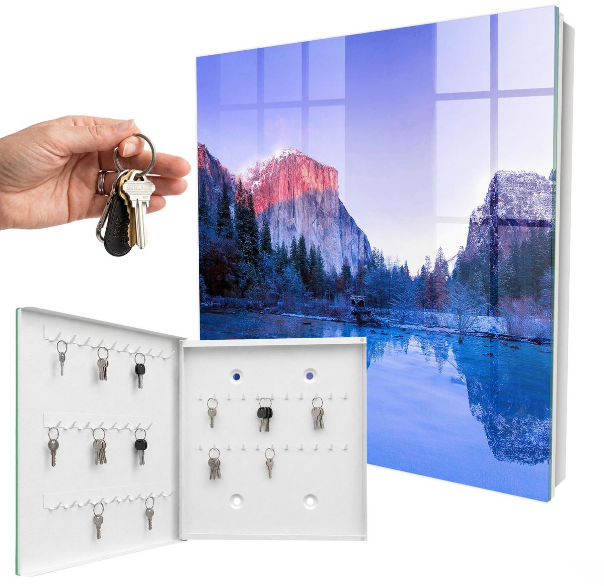 WallMuralia - Sleutelkast - 30x30x5 cm - met 50 haken - De Magie Van Het Landschap Leuk Sleutelkastje - Blauw Sleutelbox - Linksopenend - Wit interieur