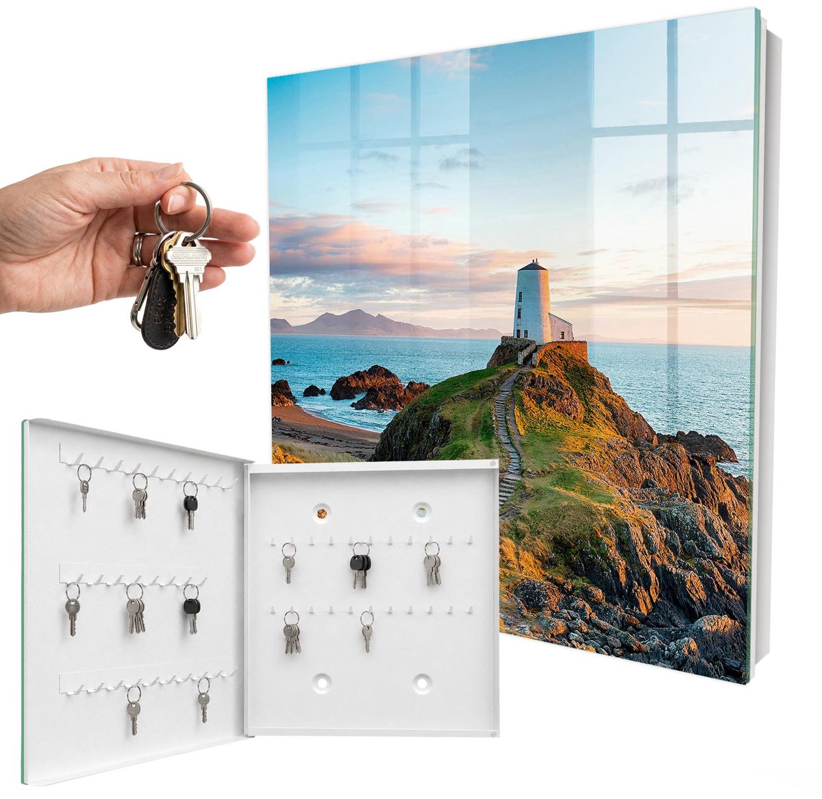WallMuralia - Sleutelkast - 30x30x5 cm - met 50 haken - Vuurtoren Sleutelkastje Huis - Blauw Sleutelbox - Linksopenend - Wit interieur