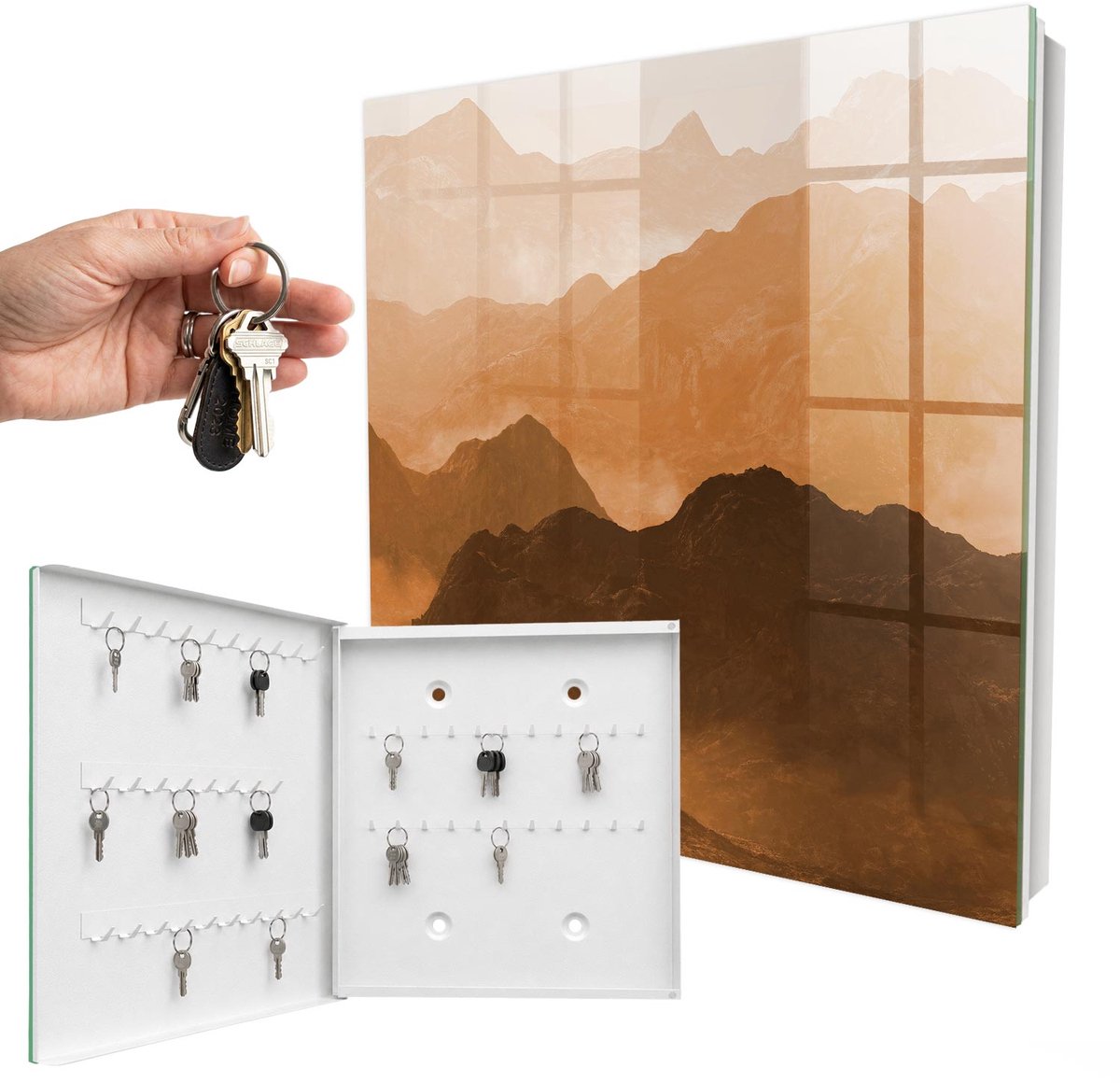 WallMuralia - Sleutelkast - 30x30x5 cm - met 50 haken - Bergpanorama Groot Sleutelkastje - Oranje Sleutelbox - Linksopenend - Wit interieur