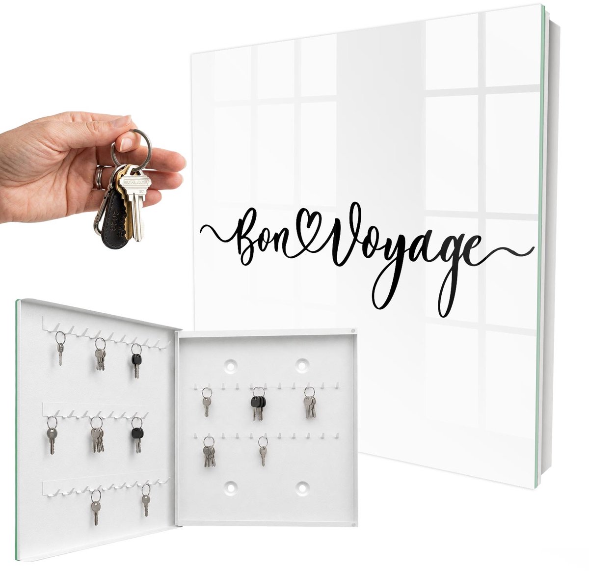 WallMuralia - Sleutelkast - 30x30x5 cm - met 50 haken - Reis Van Het Hart Sleutelkastje Hal - Zwart Sleutelbox - Linksopenend - Wit interieur