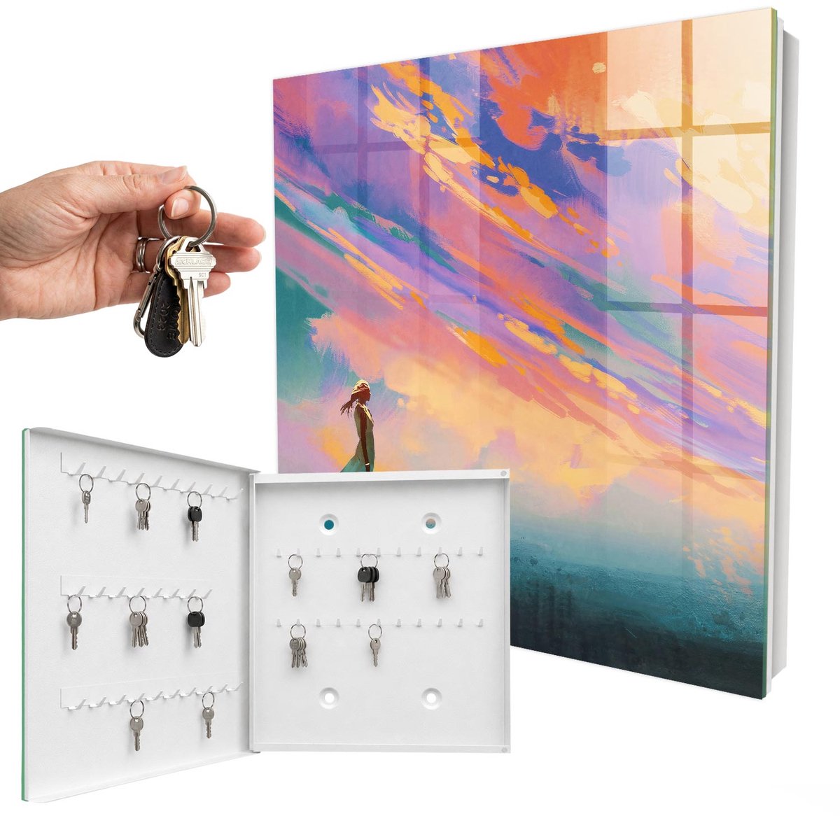 WallMuralia - Sleutelkast - 30x30x5 cm - met 50 haken - Dromerige Scène Sleutelkastje Muur - Oranje Sleutelbox - Linksopenend - Wit interieur