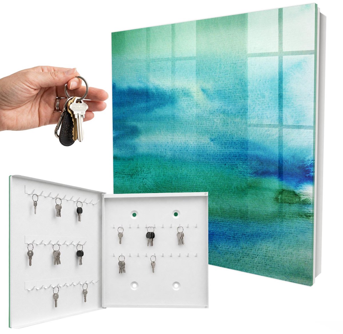 WallMuralia - Sleutelkast - 30x30x5 cm - met 50 haken - Aquarelblauw Sleutelkastje Hal - Blauw Sleutelbox - Linksopenend - Wit interieur