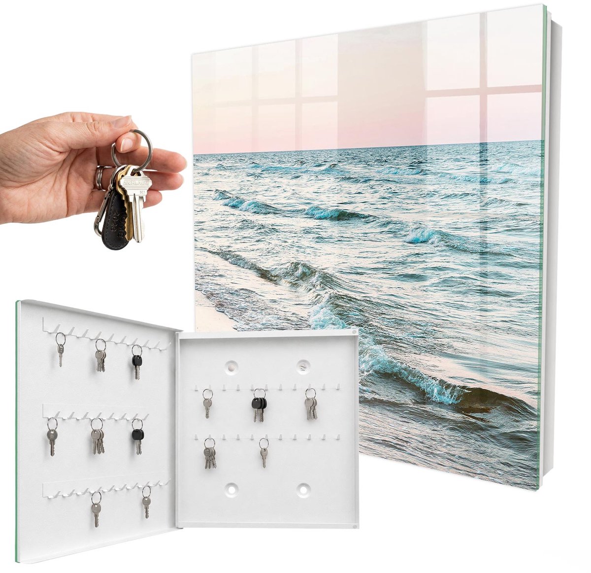 WallMuralia - Sleutelkast - 30x30x5 cm - met 50 haken - Zeegolven Sleutelkastje Modern - Blauw Sleutelbox - Linksopenend - Wit interieur