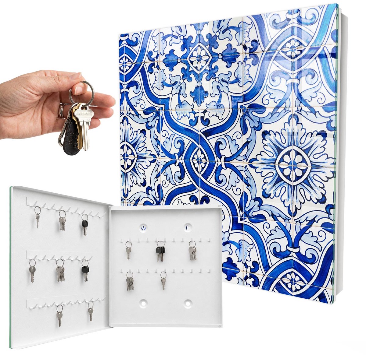 WallMuralia - Sleutelkast - 30x30x5 cm - met 50 haken - Decoratieve Tegels Sleutelkastje Hal - Blauw Sleutelbox - Linksopenend - Wit interieur