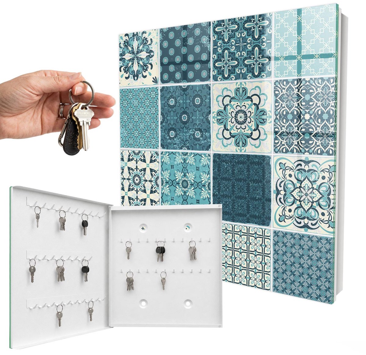 WallMuralia - Sleutelkast - 30x30x5 cm - met 50 haken - Retro Mozaïek Sleutelkastje Voor Binnen - Turkoois Sleutelbox - Linksopenend - Wit interieur