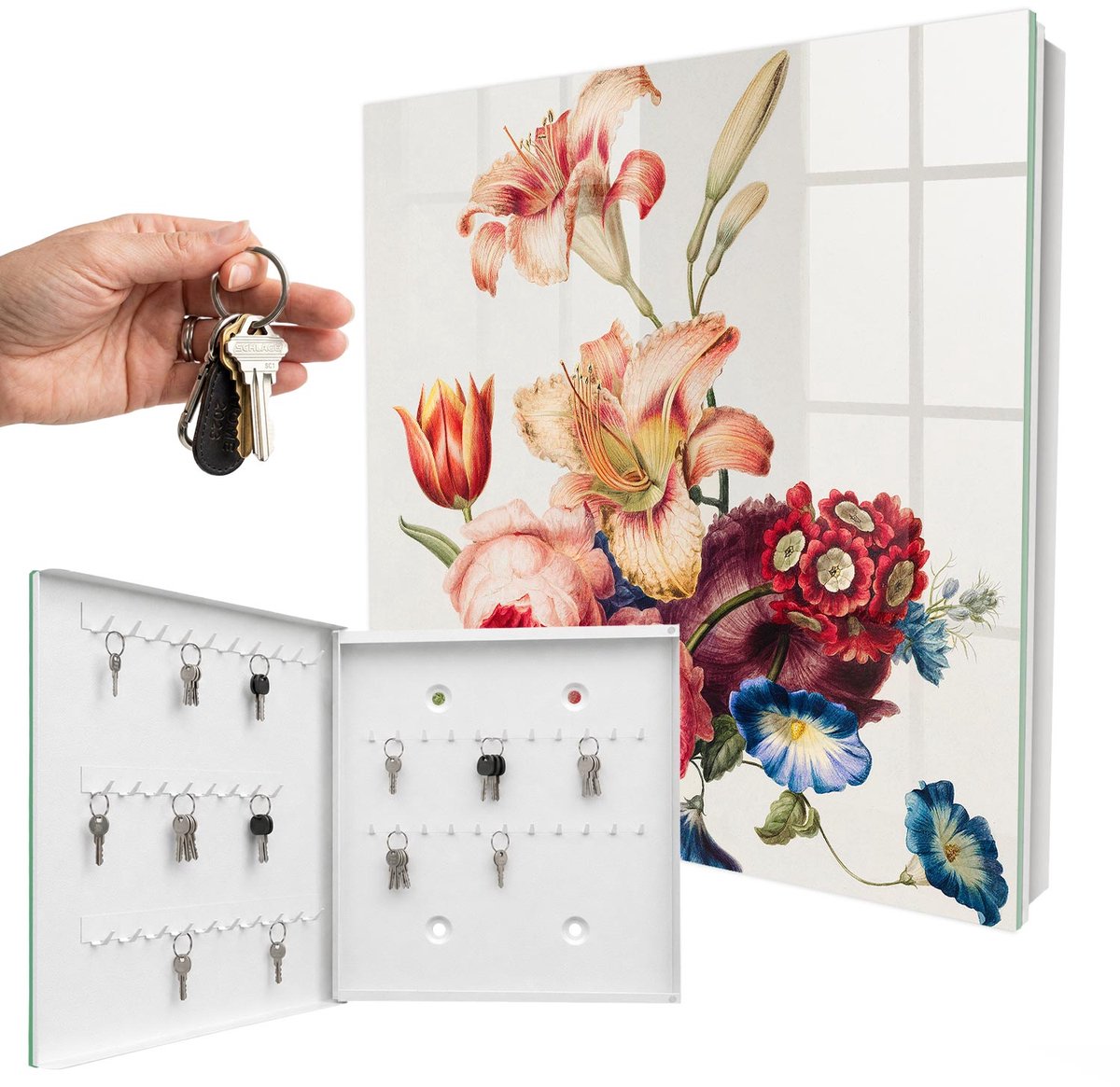 WallMuralia - Sleutelkast - 30x30x5 cm - met 50 haken - Kleurrijke Bloemen Sleutelkastje Huis - Roze Sleutelbox - Linksopenend - Wit interieur