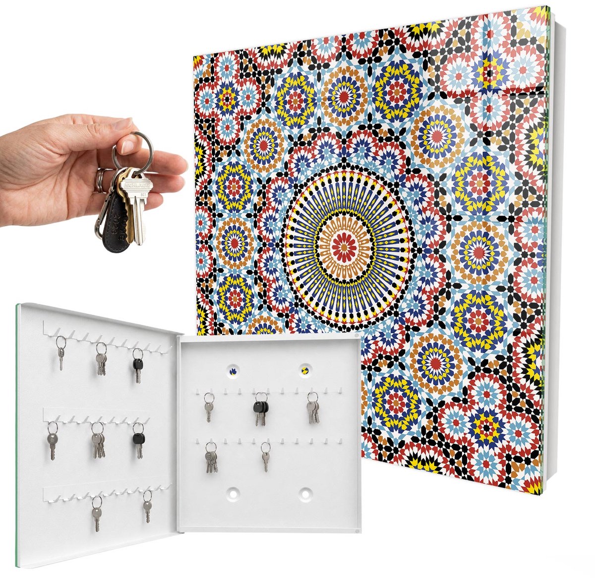 WallMuralia - Sleutelkast - 30x30x5 cm - met 50 haken - Mozaïekpatroon Sleutelkastje Binnen - Blauw Sleutelbox - Linksopenend - Wit interieur