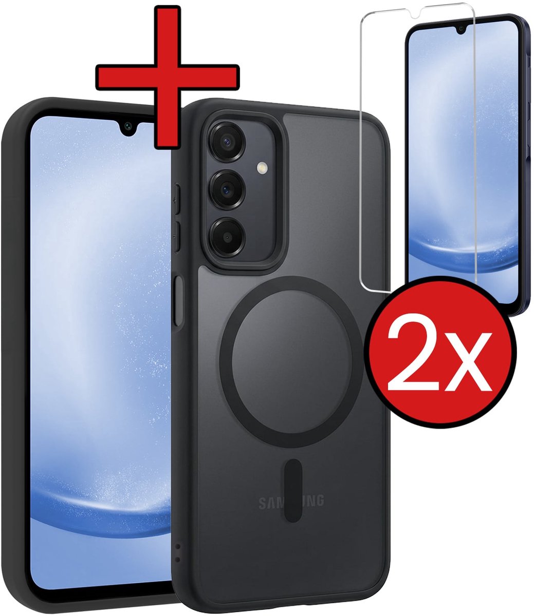 Hoesje - Met 2x Screenprotector - Geschikt voor Samsung Galaxy A25 - Magsafe Compatible - Sterk & Shockproof - Shock Proof Case - Back Cover - Telefoon Hoes - Telefoonhoes - Zwart