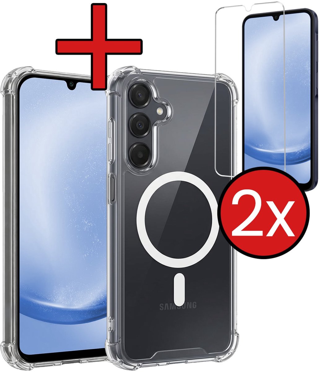 Hoesje - Met 2x Screenprotector - Geschikt voor Samsung Galaxy A25 - Magsafe Compatible - Sterk & Shockproof - Shock Proof Case - Back Cover - Telefoon Hoes - Telefoonhoes - Transparant