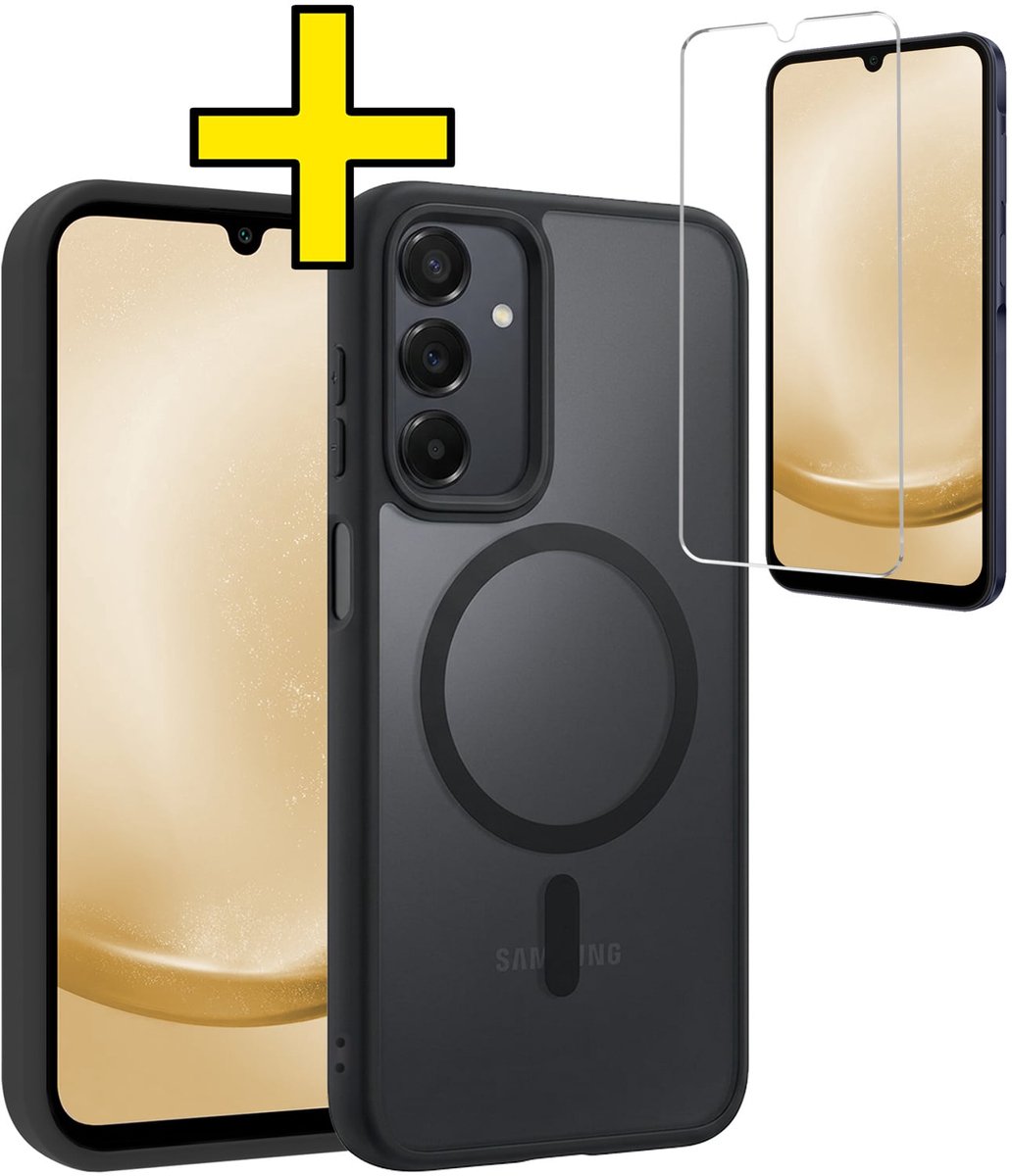 Hoesje - Met Screenprotector - Geschikt voor Samsung Galaxy A25 - Magsafe Compatible - Sterk & Shockproof - Back Cover - Shock Proof Case - Telefoon Hoes - Telefoonhoesjes - Zwart