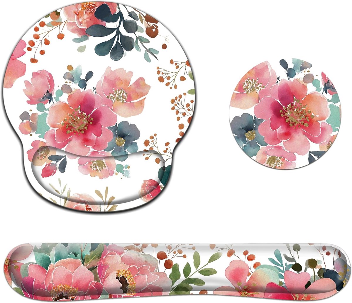 SnelShoppen - 3-in-1 Ergonomische Muismat met Polssteun, Bloemenaquarelpatroon, Antislip Traagschuim, Onderzetter voor Toetsenbord, Perfect voor Thuis