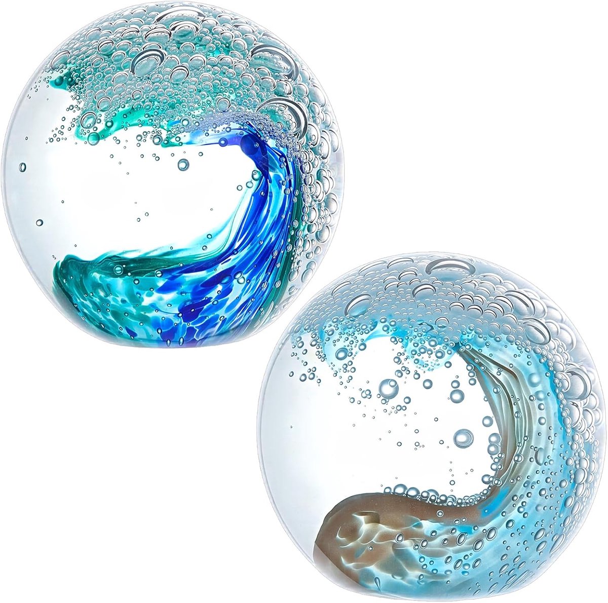 2 stuks mondgeblazen glazen ballen in de vorm van een oceaangolf, blauwe zeegolven, kristallen figuur, presse-papier, bolvormig kristalkunstwerk voor thuis, kantoor, nautische decoratie