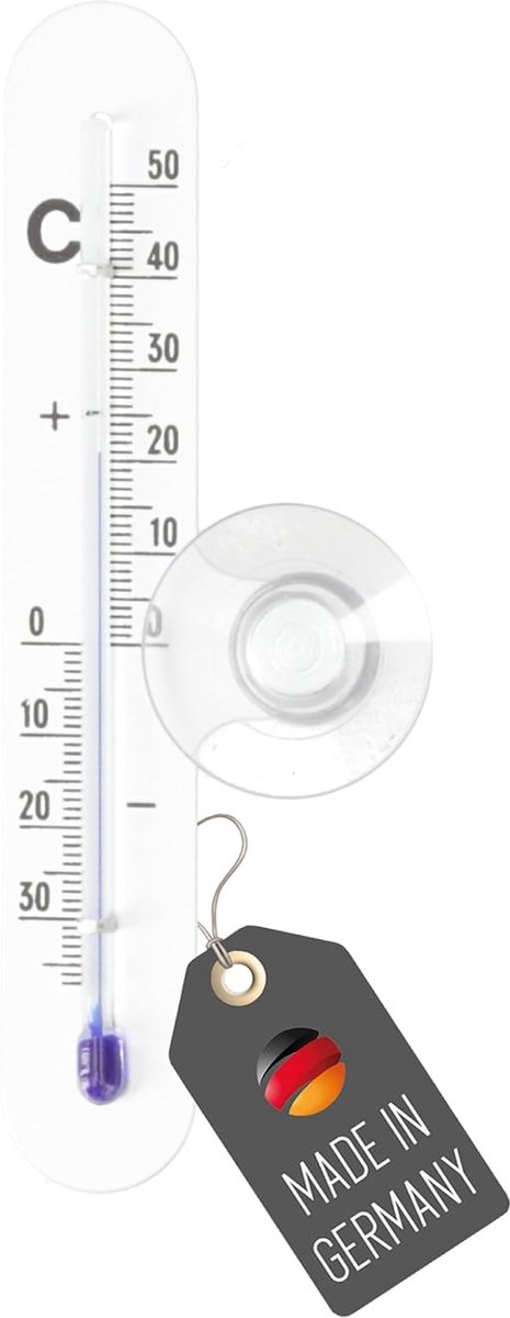 Raamthermometer met zuignap, temperatuurweergave, analoog -35 °C tot 50 °C, aluminium in zilver, metalen thermometer met zuigkop voor buiten, raam, raam, raamkozijn (aluminium)