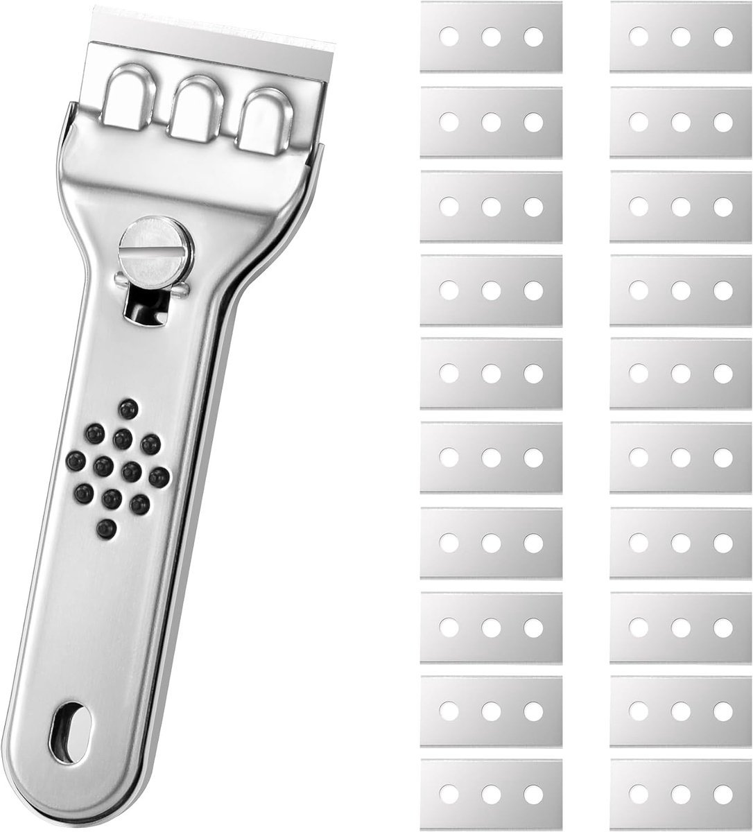 Keramische kookplaatschraper, roestvrij staal, glasschraper, kookplaatschraper, metaal, incl. 20 reservemesjes voor het reinigen van oven, fornuis, krassen verwijderen