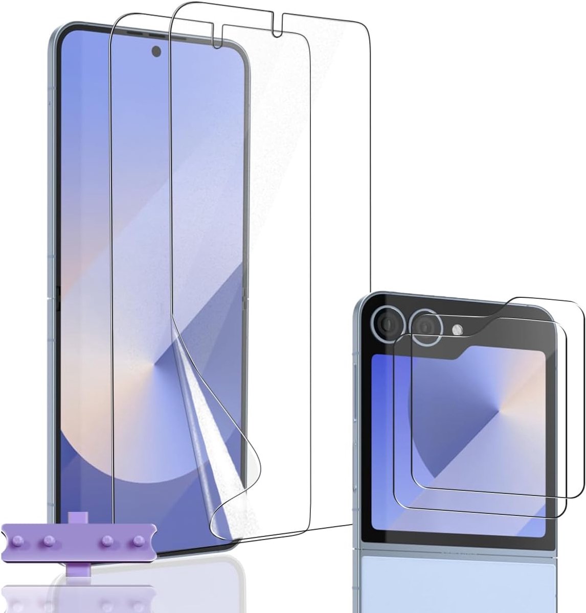 compatibel met Samsung Galaxy Z Flip 6, 2 stuks binnenste TPU-folie en 2 stuks pantserglas met een hardheid van 9H, HD helder, krasbestendig displaybeschermglas voor Z Flip 6