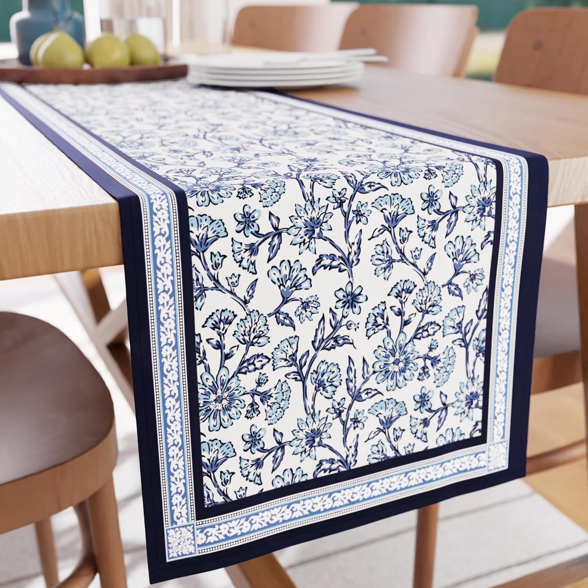 Xo Eettafelloper, Indigo-02 blokbedrukt katoenen canvas, 32 x 183 cm
