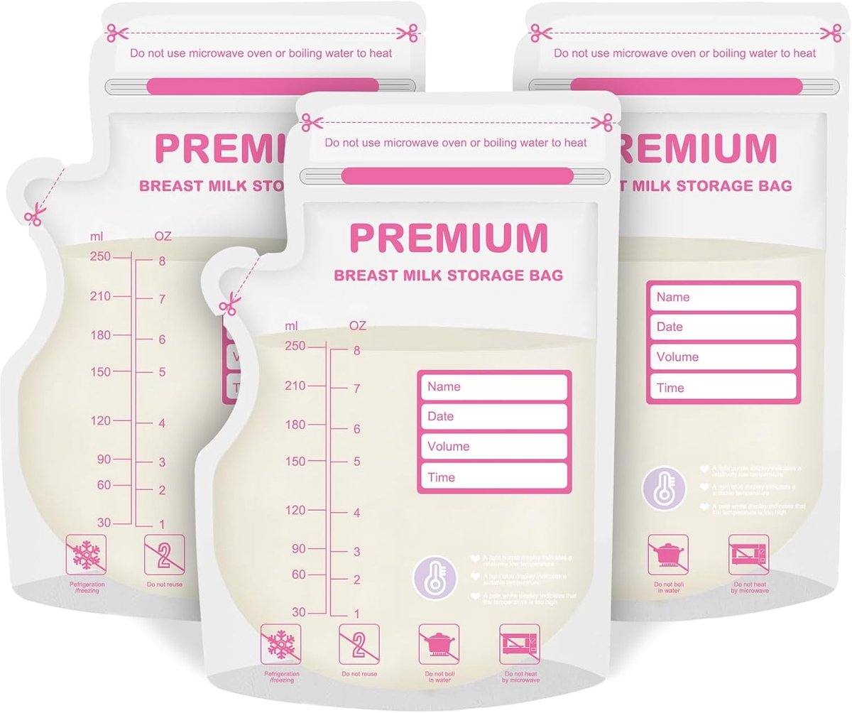 SnelShoppen - Pack van 100 Borstvoeding Opslagzakken, 250 ml Borstvoeding Sachets met Tuit, Temperatuur Sensitieve Kleurverandering voor Comfortabel V