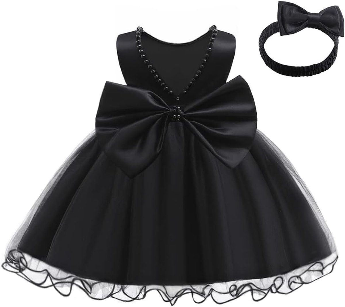 Babyjurk, meisjes, ruches, kant, backless met hoofdband, strik