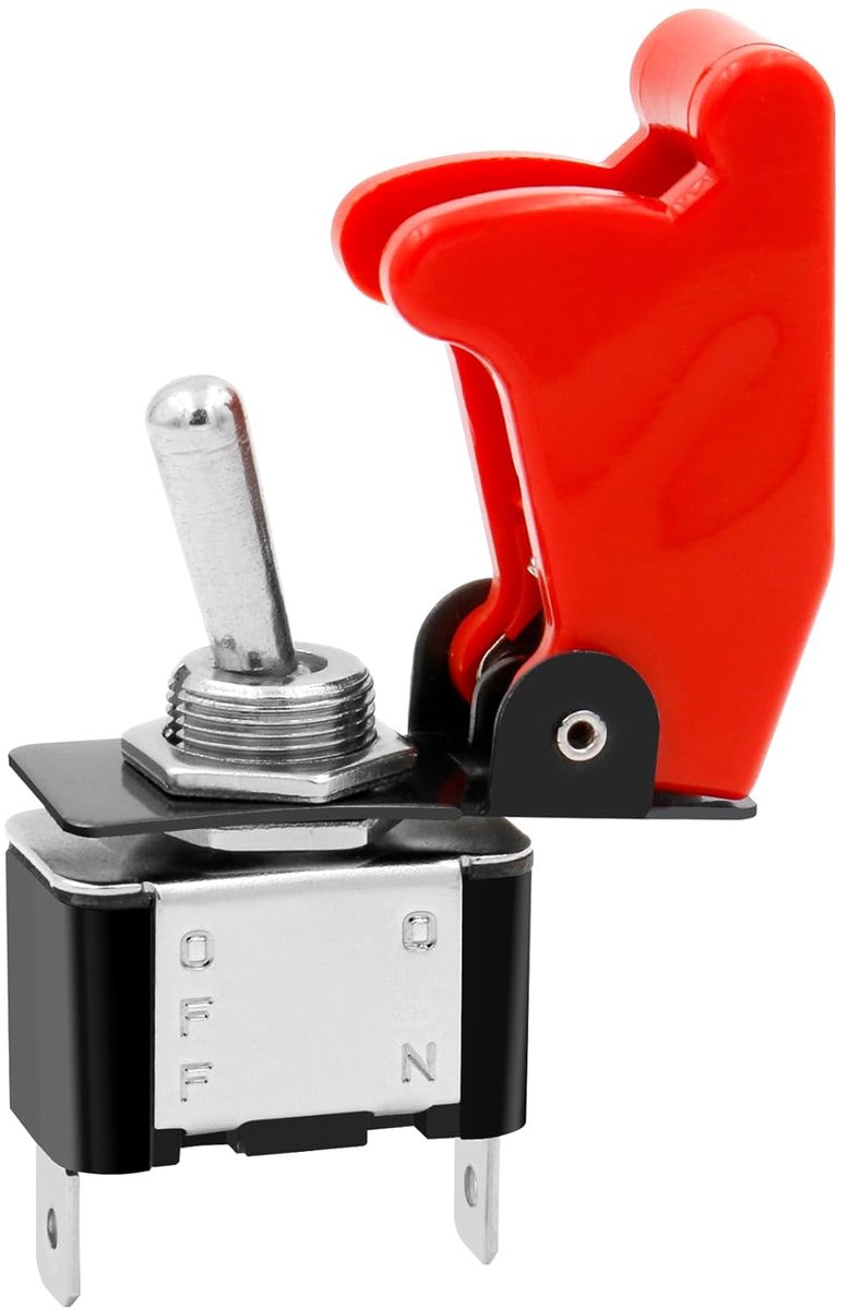 Schakelaar flick flip, 12V 20A, SPST, AAN/UIT 2 standen, 2 pins, met rode waterdichte dop