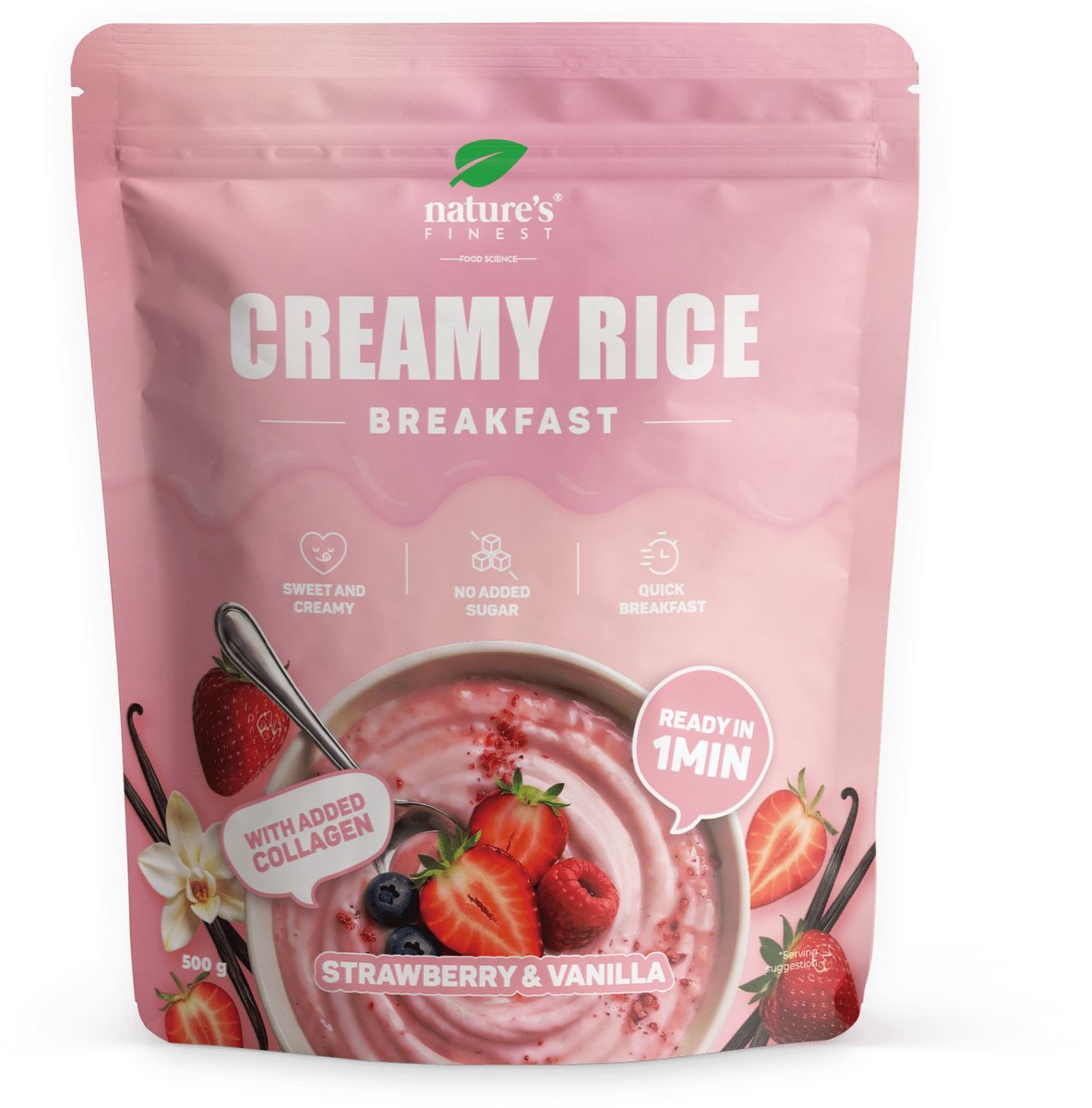 Nature's Finest Creamy Rice Breakfast - Aardbei-Vanille - Romige Rijstpap Mix met Collageen - Ontbijtpap voor Warm Ontbijt of Dessert - Zonder Toegevoegde Suikers - 500 g