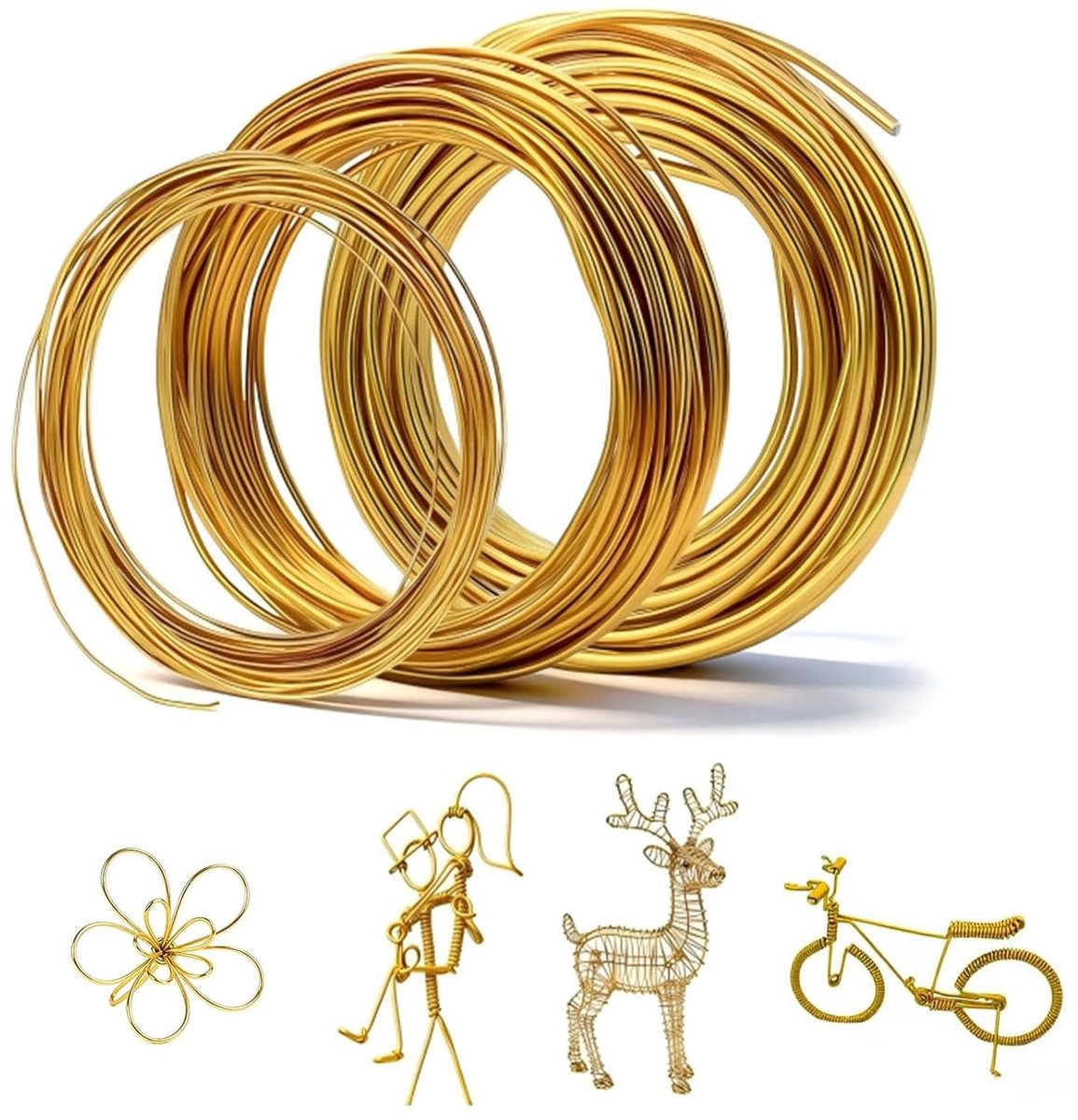 Draad, 1/2/3 mm, goud, 3 rollen, goudkleurige aluminiumdraad voor buigen en vormen, zachte modelleerdraad voor het maken van sieraden, doe-het-zelf, bonsai en modelbouw