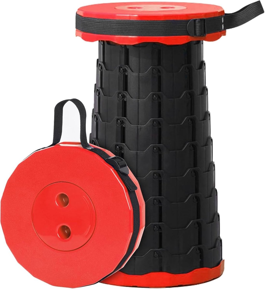 Verstelbare telescopische kruk met kussen voor kamperen, vissen, wandelen en grillen, lichtgewicht en opvouwbaar, draagvermogen 200 kg, zwart en rood