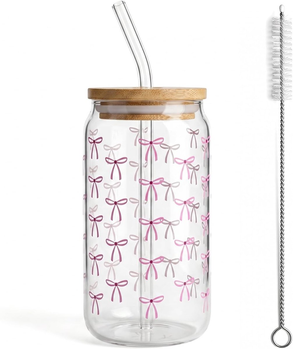 Glas met deksel en rietje, glazen drinkbeker, 500 ml, drinkglazen met deksel voor ijskoffiekopjes, limonade, smoothies, bier, cocktails, verjaardagscadeau voor meisjes