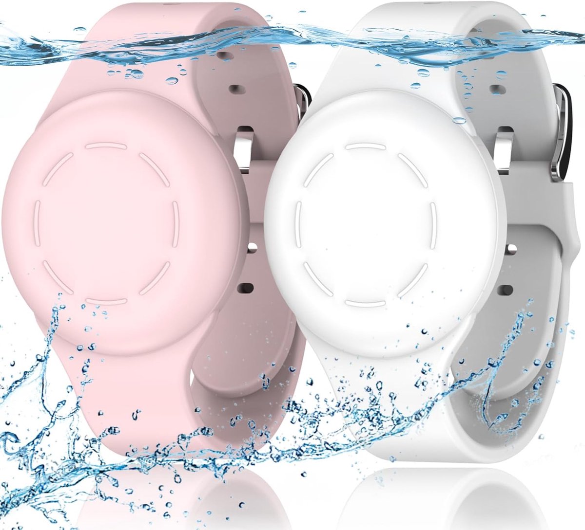 Waterdichte for Air Tag Armbanden voor Kinderen [2 stuks] Compatibel met Air Tag Finders met Zachte Silicone, Anti Lost GPS Item Finders Case Cover voor Kinderen, Wit/Roze