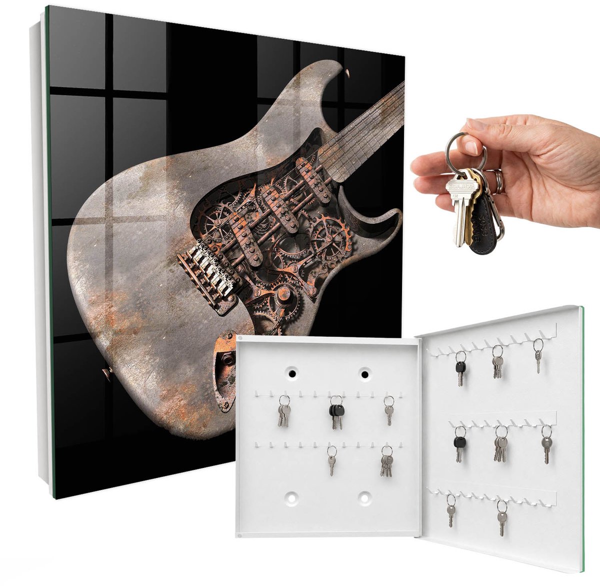 WallMuralia - Sleutelkast - 30x30x5 cm - met 50 haken - Mechanische Gitaar Sleutelkastje Hal - Grijs Sleutelbox - Rechtsopenend - Wit interieur