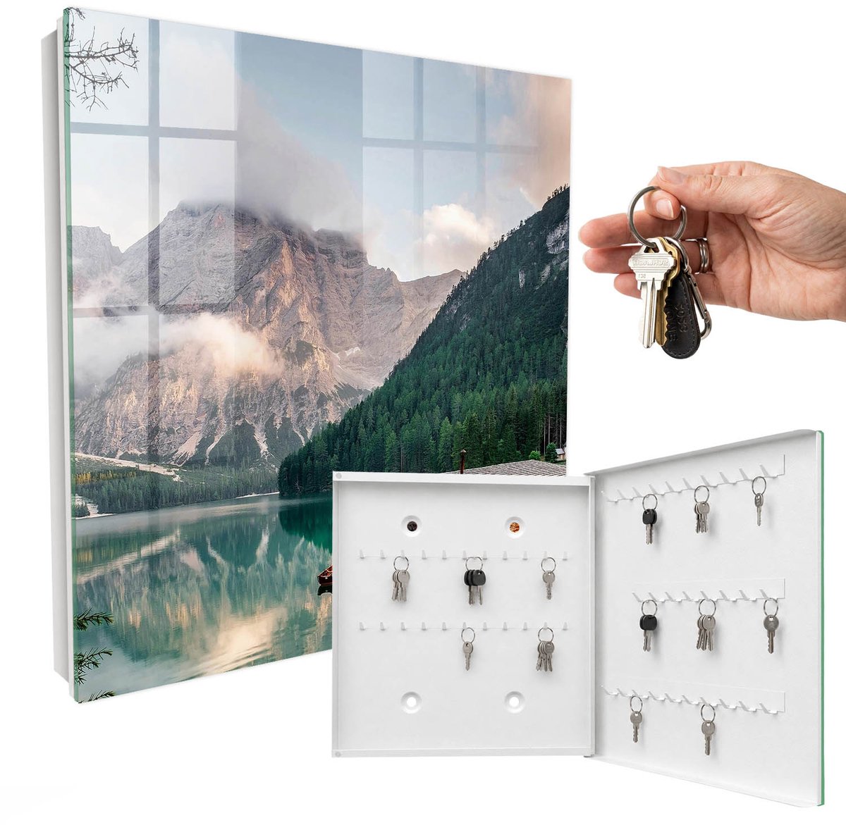 WallMuralia - Sleutelkast - 30x30x5 cm - met 50 haken - Bergmagie Sleutelkastje Klein - Groente Sleutelbox - Rechtsopenend - Wit interieur