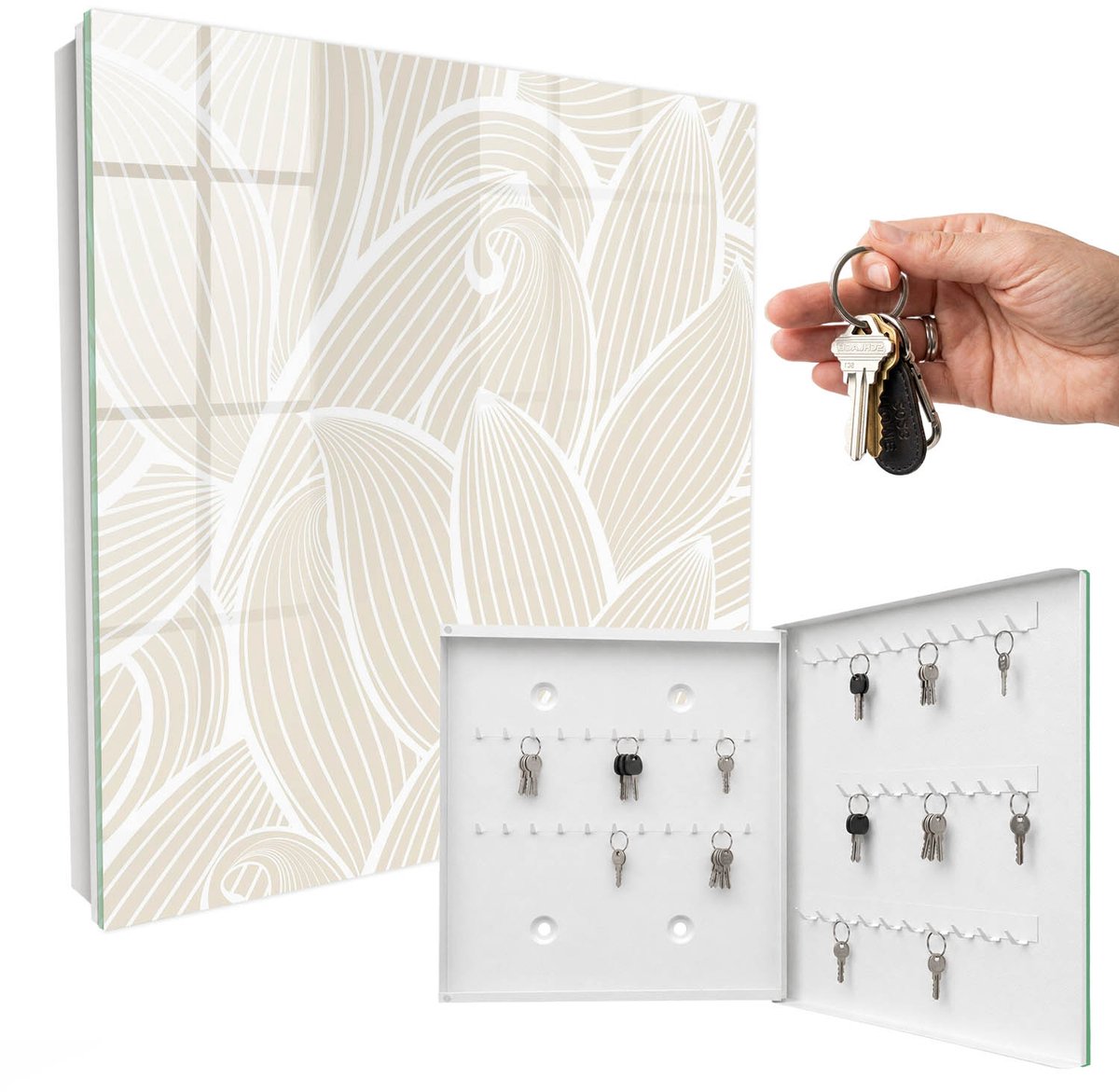 WallMuralia - Sleutelkast - 30x30x5 cm - met 50 haken - Organisch Patroon Sleutelkastje Huis - Beige Sleutelbox - Rechtsopenend - Wit interieur
