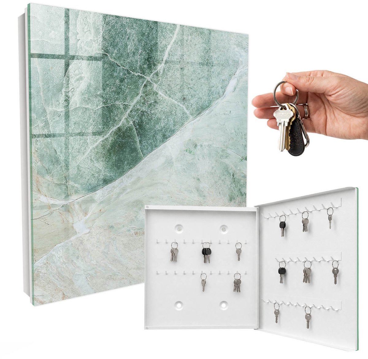 WallMuralia - Sleutelkast - 30x30x5 cm - met 50 haken - Marmeren Elegantie Sleutelkastje Gang - Groente Sleutelbox - Rechtsopenend - Wit interieur