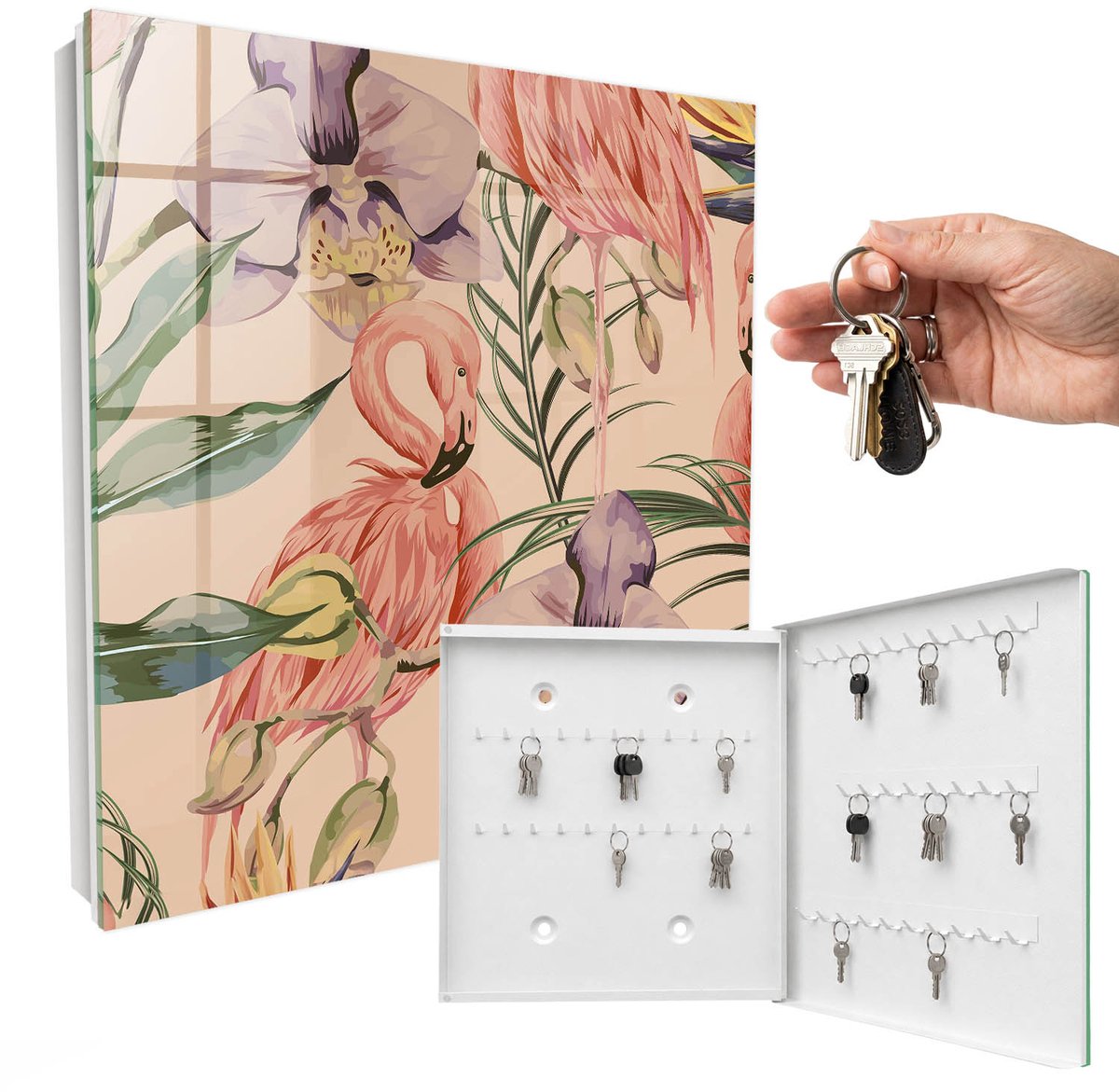 WallMuralia - Sleutelkast - 30x30x5 cm - met 50 haken - Exotische Elegantie Sleutelkastje Huis - Roze Sleutelbox - Rechtsopenend - Wit interieur