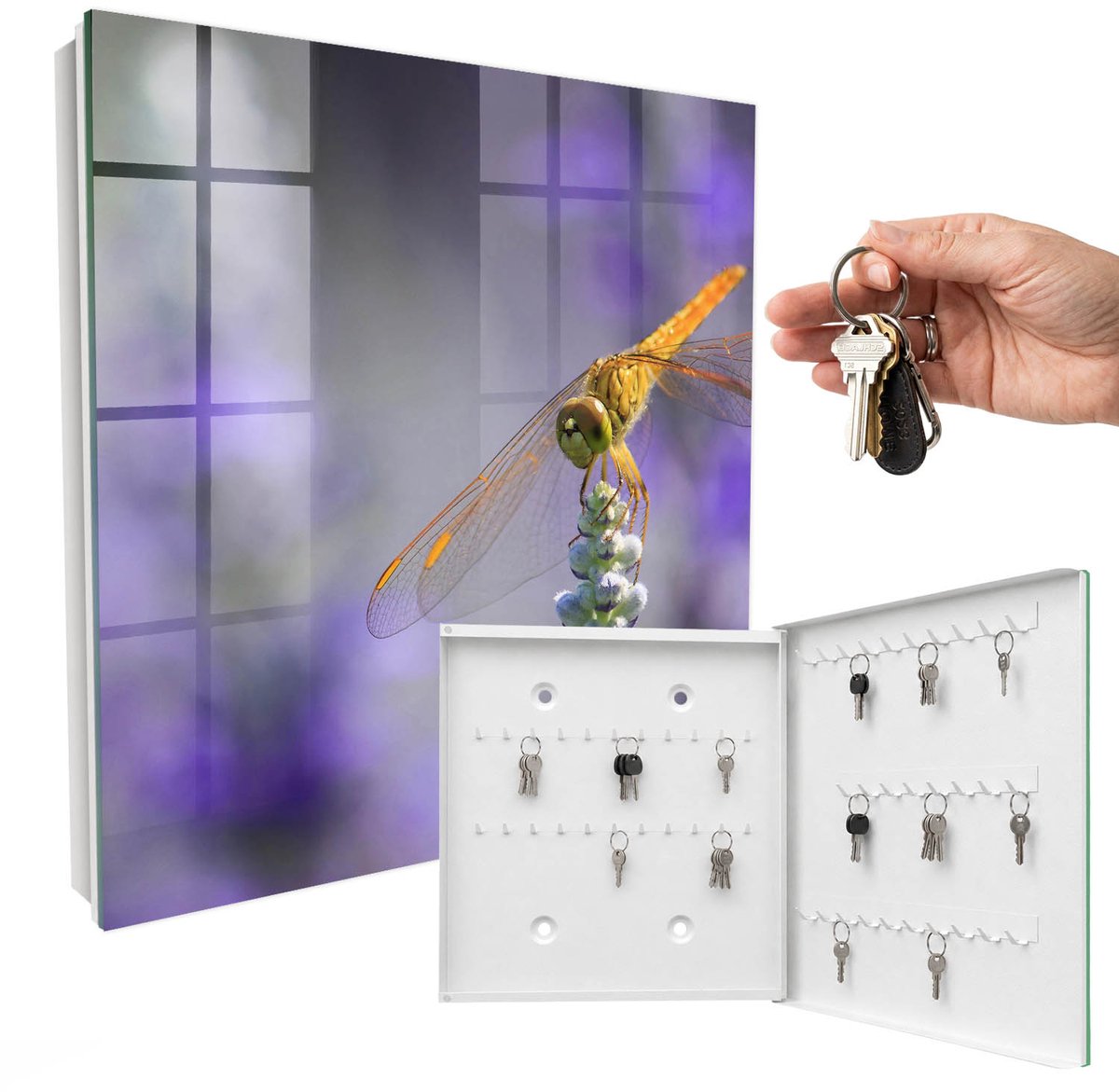WallMuralia - Sleutelkast - 30x30x5 cm - met 50 haken - Libel Op Een Bloem Sleutelkastje Muur - Paars Sleutelbox - Rechtsopenend - Wit interieur