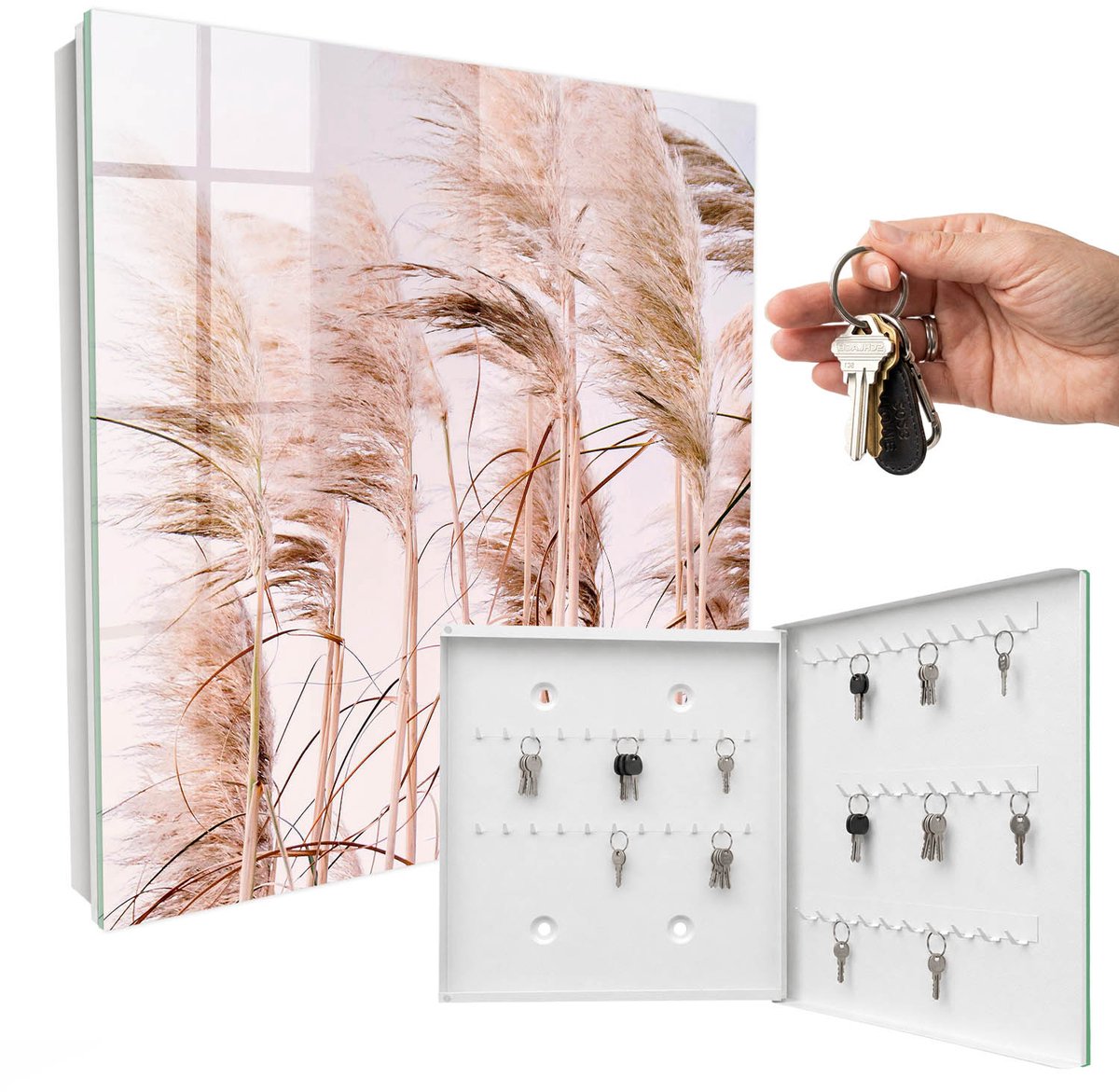 WallMuralia - Sleutelkast - 30x30x5 cm - met 50 haken - Sensuele Natuur Design Sleutelkastje - Beige Sleutelbox - Rechtsopenend - Wit interieur