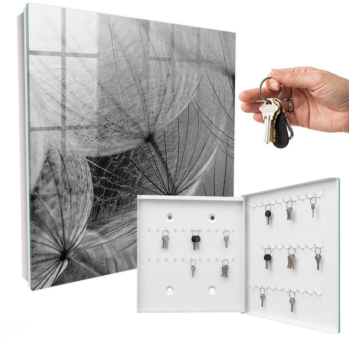 WallMuralia - Sleutelkast - 30x30x5 cm - met 50 haken - Paardenbloemzaden Sleutelkastje Design - Grijs Sleutelbox - Rechtsopenend - Wit interieur