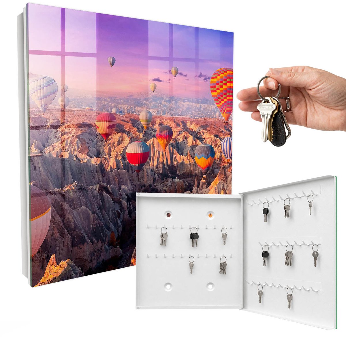 WallMuralia - Sleutelkast - 30x30x5 cm - met 50 haken - Ballonnen In De Lucht Sleutelkastje Muur - Roze Sleutelbox - Rechtsopenend - Wit interieur